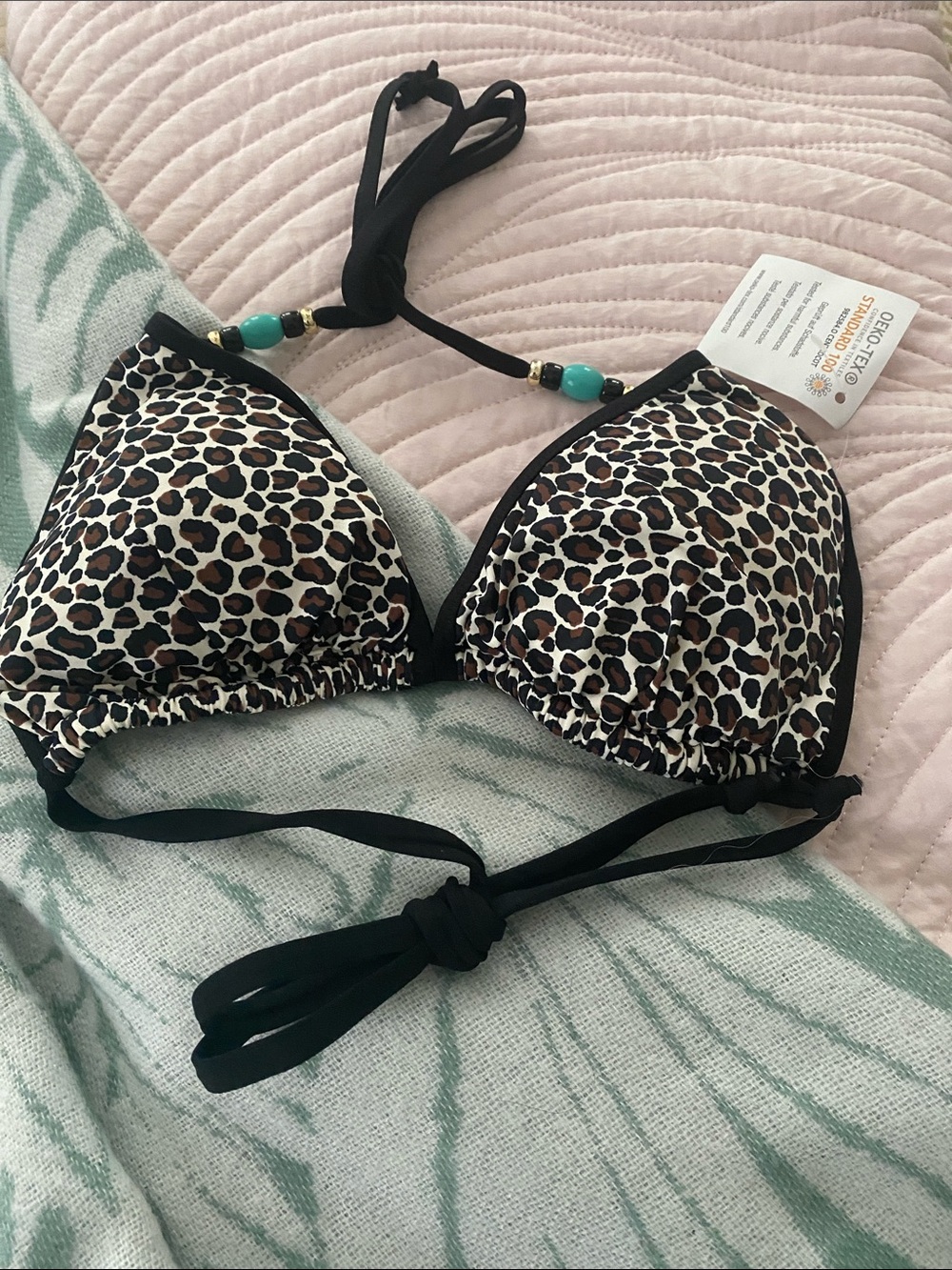 NWOT Leopard Print Triangle Bikini Top - Black Trim